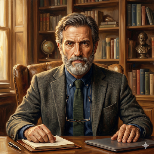 AI-generated painterly portrait of Aristotle — gravitas-laden research consultant in tweed jacket with intense questioning gaze, academic library with bronze bust and warm golden light behind him