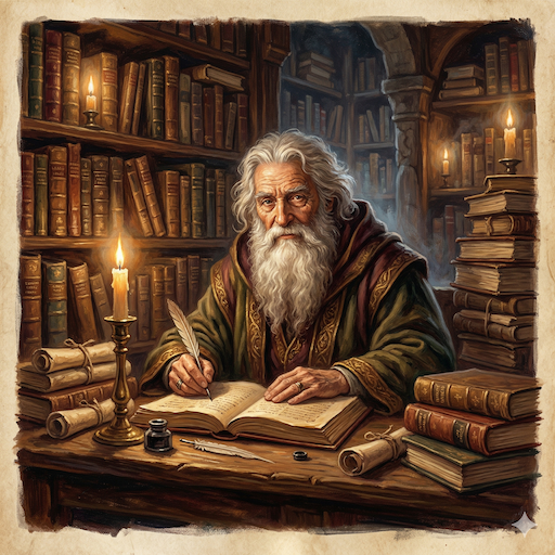 AI-generated illuminated manuscript portrait of Biblios — elder scholar in deep blue robes seated at an ancient reading desk, surrounded by towering stacks of worn leather-bound books, candlelight casting warm gold across the parchment pages
