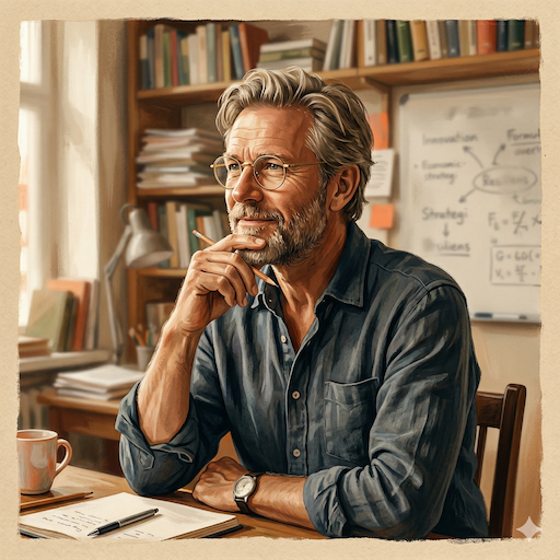 AI-generated editorial portrait of Jakob — thoughtful middle-aged professional with wire-rim glasses, hand resting on chin, bookshelves and whiteboard with notes visible behind him