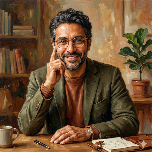 AI-generated oil painting portrait of Simon — warm consultant with Mediterranean features and glasses, smiling openly, bookshelves and a plant in the background