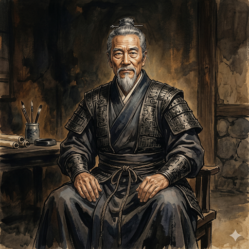 AI-generated painterly portrait of Sun Tzu — ancient East Asian strategist seated calmly in dark robes with subtle armour, ink brushes and scrolls on the desk beside him