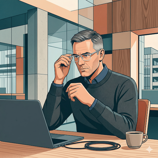 AI-generated flat editorial illustration of Tom — precise professional at a laptop, adjusting his glasses with focused expression, architectural glass-and-wood office behind him